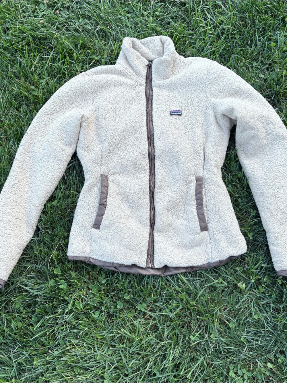 Patagonia Cream Sherpa Fleece Jacket with Brown Trim
